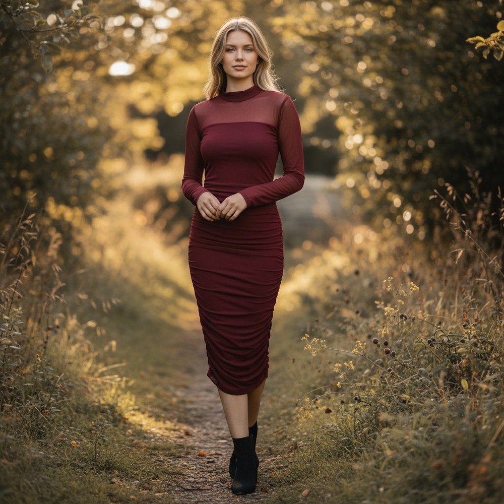 Dedysler Mesh Ruched Bodycon Dress Burgundy Long Sleeve Mock Neck Midi NEW-M